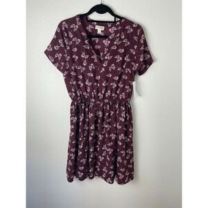 Maison Jules Womens A Line Dress Maroon Floral Stretch Short Flutter Sz Small